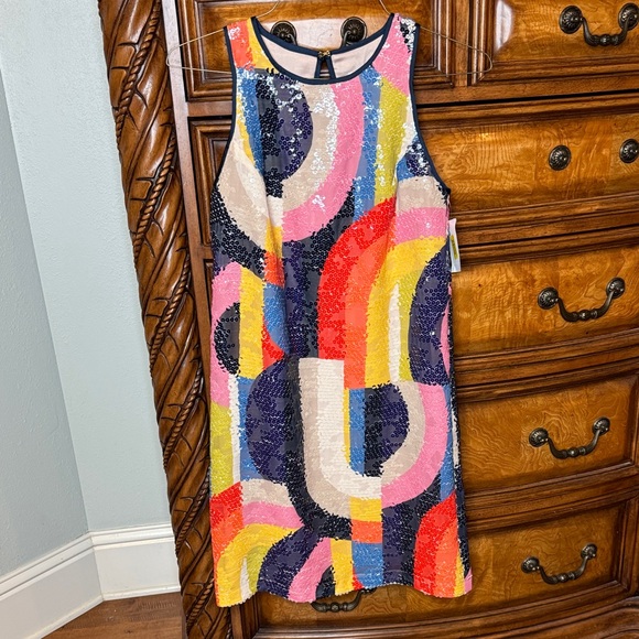 Trina Turk Kaleidoscope Vibrant Sequin Colorblock Sleeveless Shift Retro Disco - Picture 3 of 15